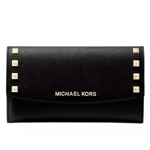 Michael Kors Karla Large Trifold Black/Gold Wallet In Original Packaging - Picture 1 of 3